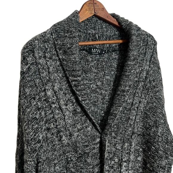 Boohoo Man Button Front Shawl Collar Marled Knit Cardigan Black Size Medium - Picture 3 of 9